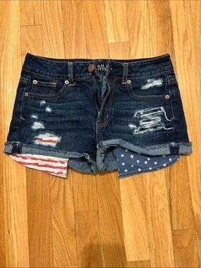 Denim Distressed Flag-Accent Women's Shorts - Dark Blue